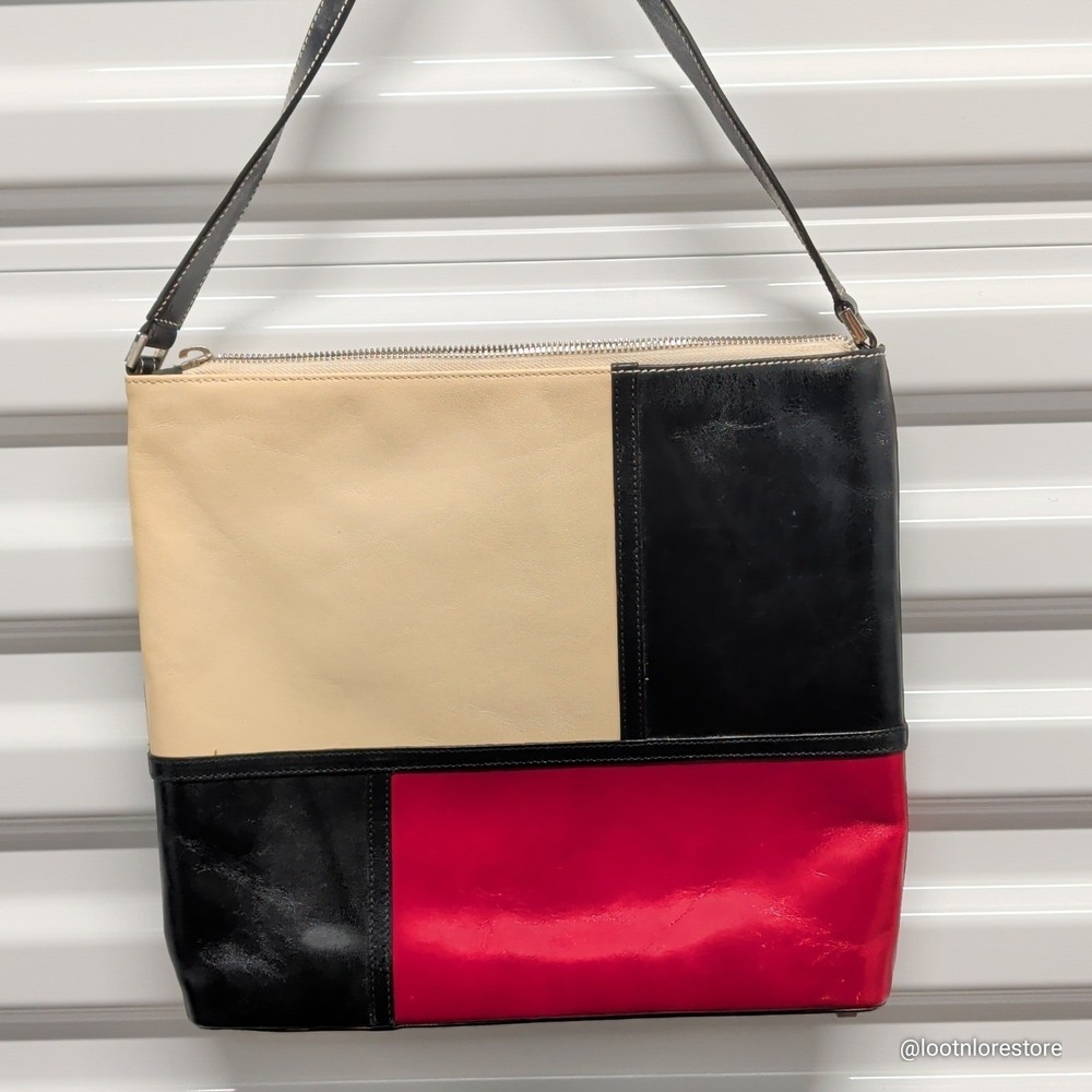 Kate Spade Colorblock Leather Shoulder Bag Black Red Cream Made in Italy Small - Picture 7 of 7
